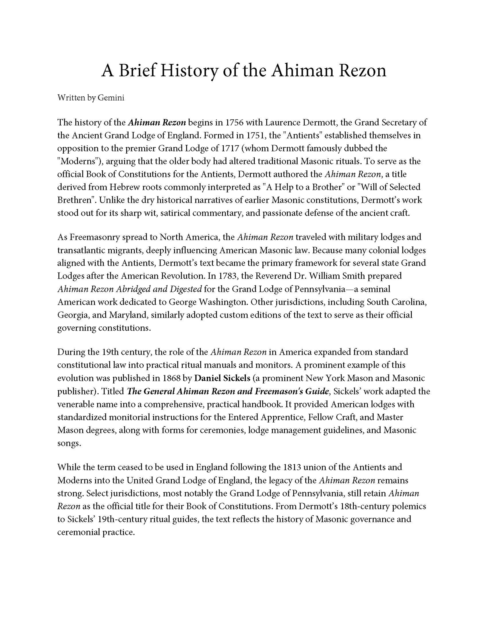 A Brief History of the Ahiman Rezon